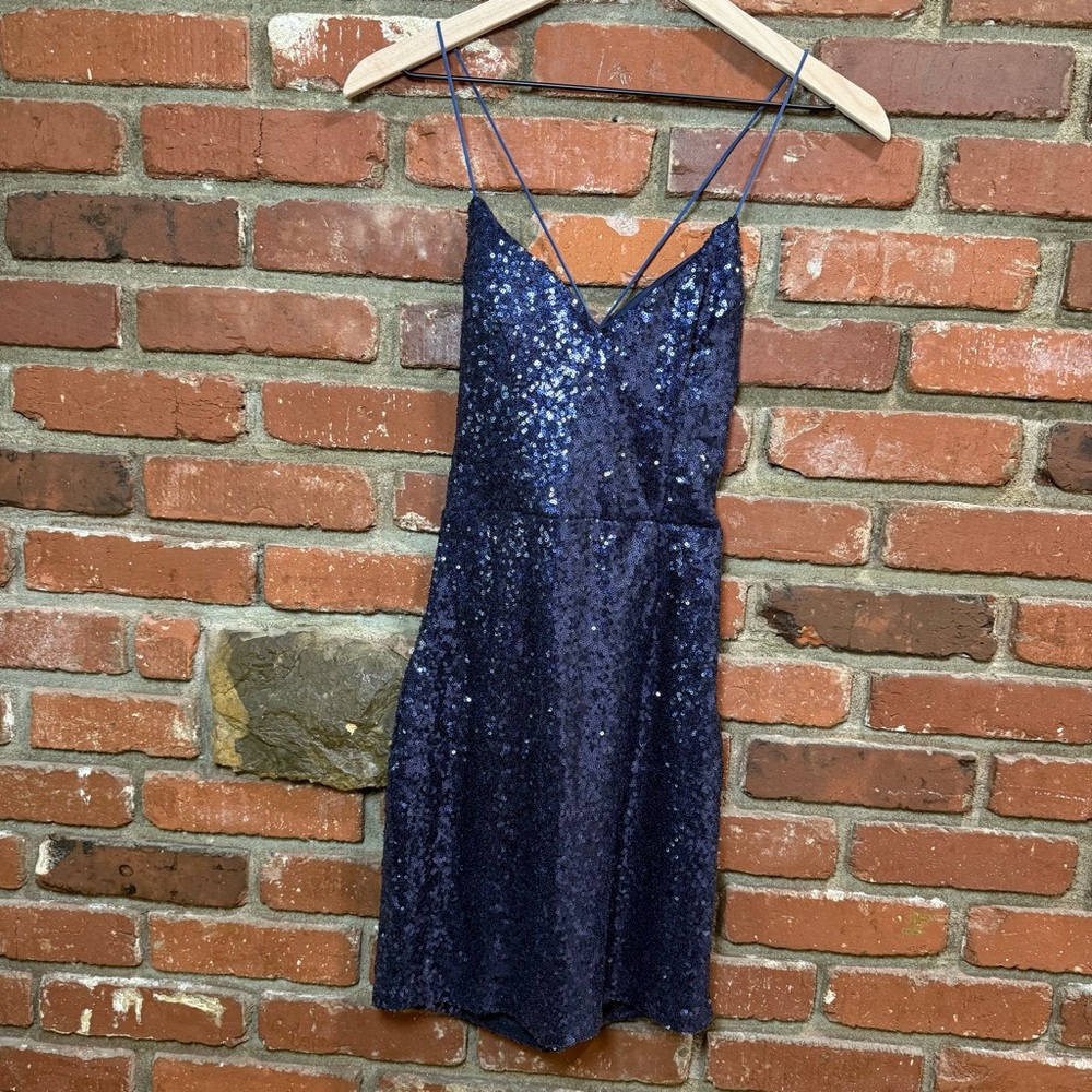 Hello Molly women's Spaghetti Strap cross‎ back sequin navy mini dress large NWT